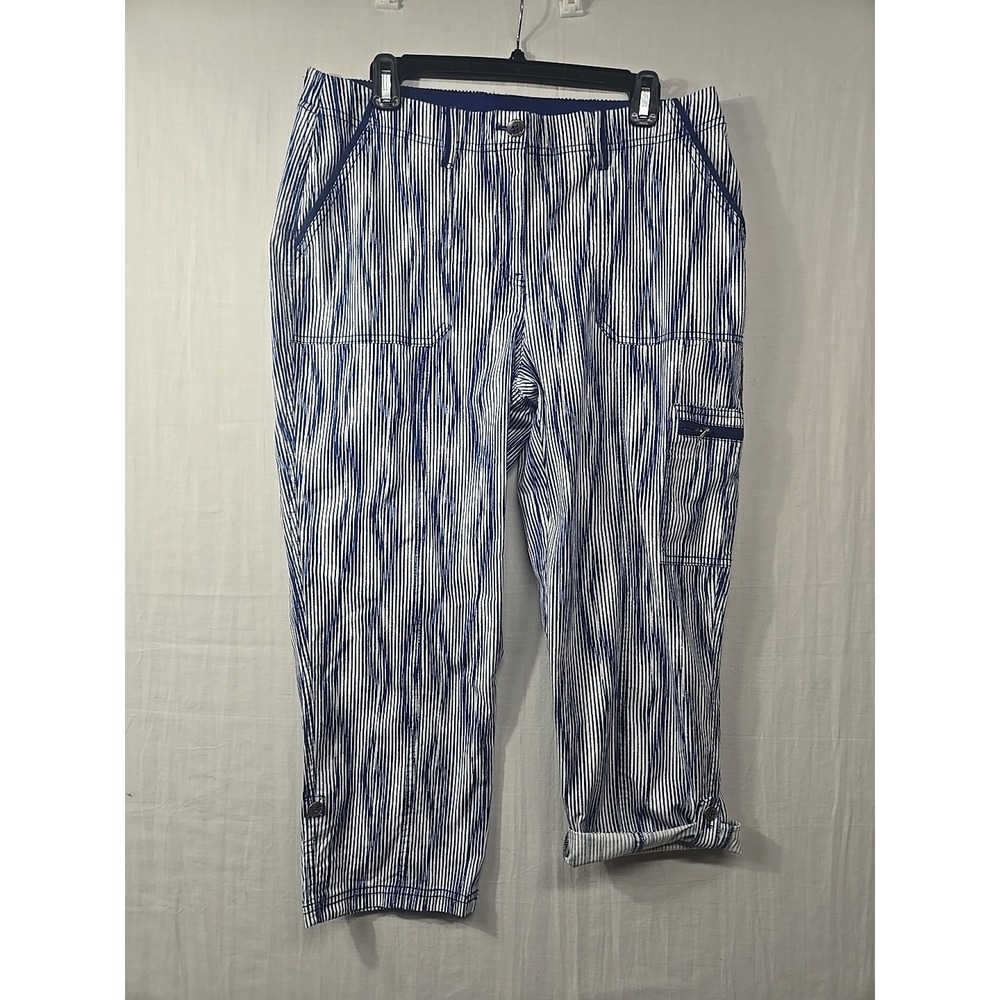 Chicos Pants Women 1.5 (10) Blue White Stripe Cropped Roll Tab Hem Cargo Casual